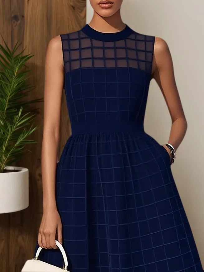 Navy Blue Classic Crew Neck Sleeveless A-Line Midi Dress
