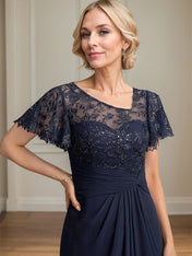 A-line Asymmetrical Illusion Floor-Length Lace Chiffon Mother of the Bride Dress With Cascading Ruffles Sequins