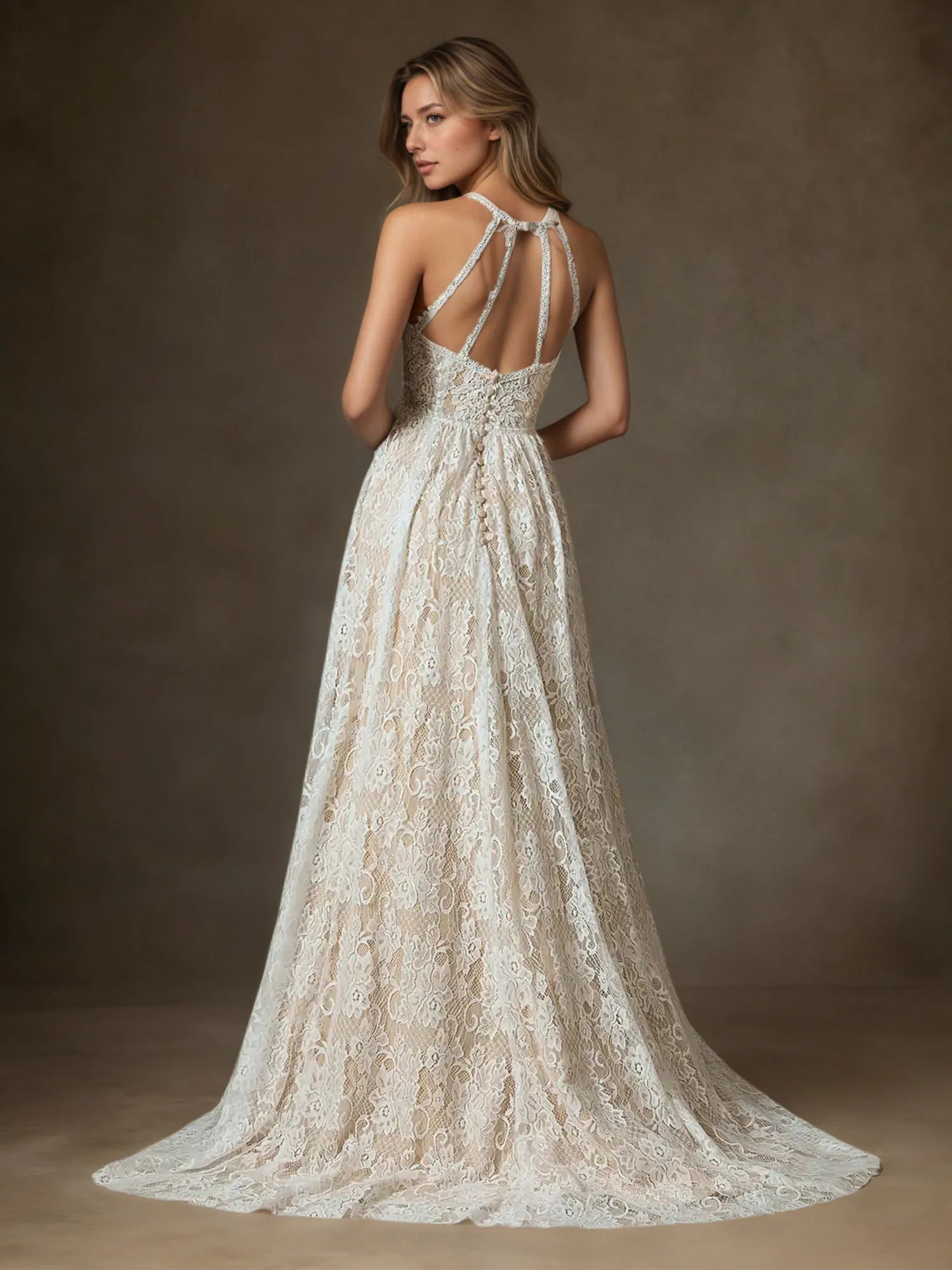 White Champagne A-Line Lace Wedding Dress