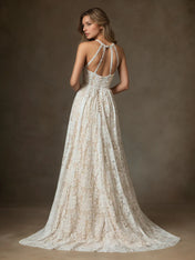 White Champagne A-Line Lace Wedding Dress