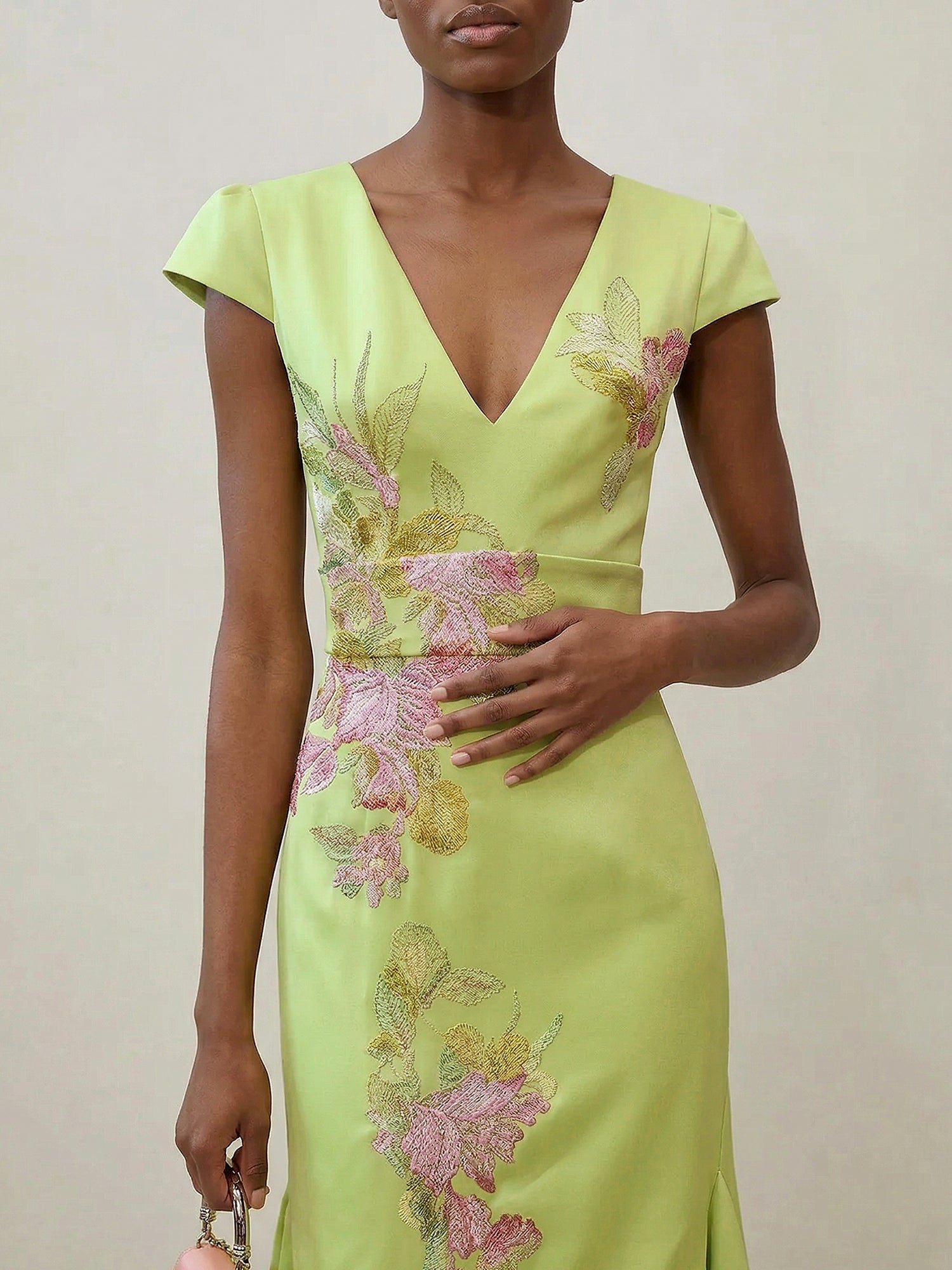 Green Floral V Neck Embroidered Cap Sleeve Slit Sheath Maxi Dress