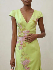Green Floral V Neck Embroidered Cap Sleeve Slit Sheath Maxi Dress
