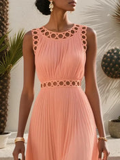 Orange Lace Pleated Hollow Out Chiffon Crew Neck Sleeveless A-Line Maxi Dress