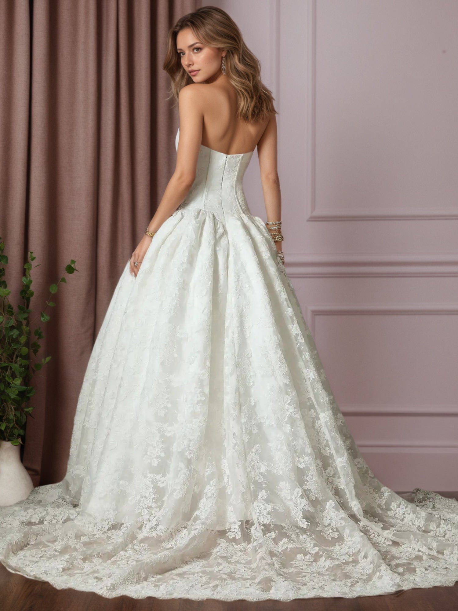 White Ball-Gown Strapless Lace Satin Wedding Dress
