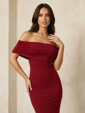 Red Off the Shoulder Maxi Dresses with Pleat Mermaid Evening Dress