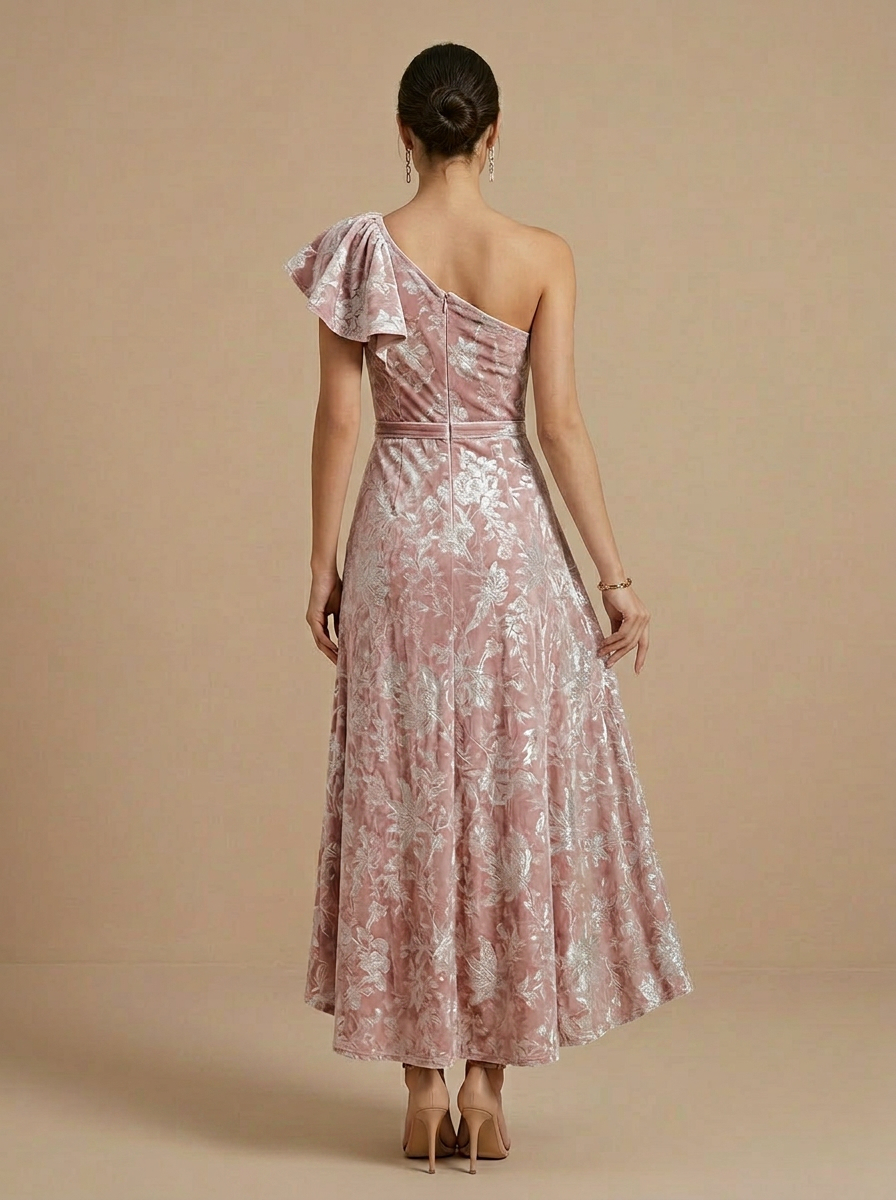 Floral Velvet One-Shoulder High-Low Evening Dresses with Ruffles