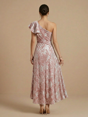 Floral Velvet One-Shoulder High-Low Evening Dresses with Ruffles