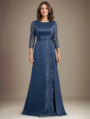 A-Line Scoop Floor-Length Lace Satin Mother Of the Bride Dress With Applique