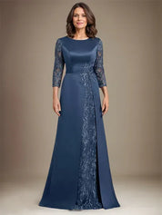 Robe de mère de la mariée en satin et dentelle, coupe trapèze, longueur au sol, avec appliques 
