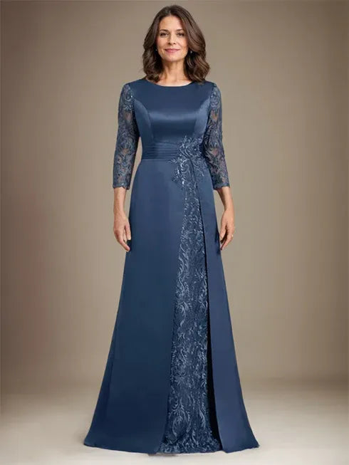 Robe de mère de la mariée en satin et dentelle, coupe trapèze, longueur au sol, avec appliques 