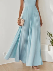 Light Blue Pleated Square Neck Sleeveless A-Line Maxi Dress