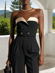 Black Strapless Loose Buckle Plain Wide-Leg Jumpsuit