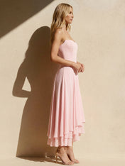Pink Strapless Tiered Maxi Dresses A Line Chiffon Formal Dress