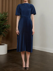 Dark Blue Satin Pleated Boat Neck A-Line Midi Dress