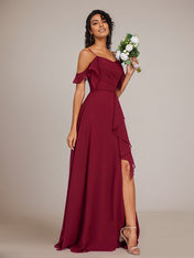 Burgundy A-Line Spaghetti Straps Floor-Length Chiffon Bridesmaid Dress With Ruffle