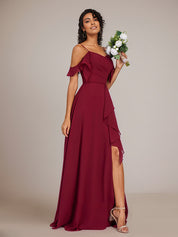 Burgundy A-Line Spaghetti Straps Floor-Length Chiffon Bridesmaid Dress With Ruffle