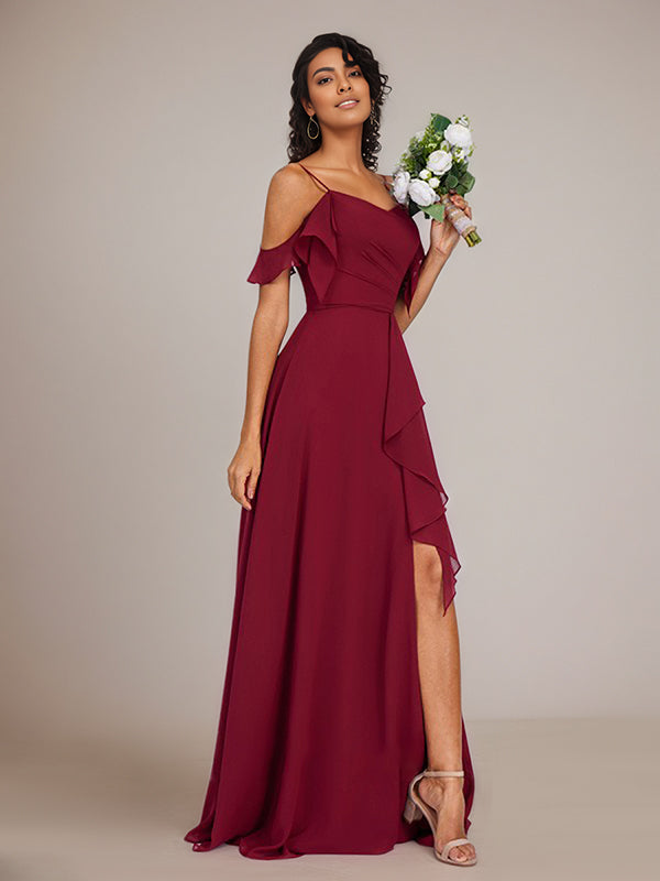 Burgundy A-Line Spaghetti Straps Floor-Length Chiffon Bridesmaid Dress With Ruffle