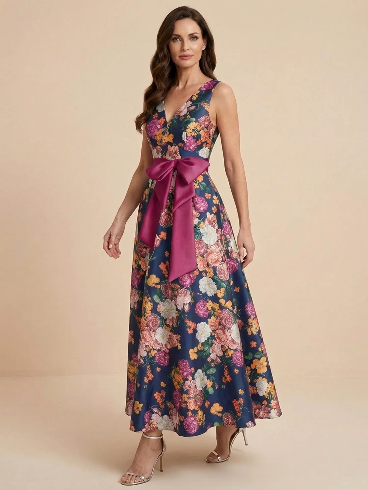Print Flower Satin V Neck Ankle Length Mother of the Bride Dresses with Bow
