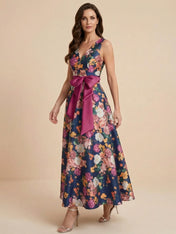 Print Flower Satin V Neck Ankle Length Mother of the Bride Dresses with Bow