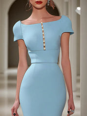 Light Blue Imitation Pearls Square Neck Short Sleeve Maxi Dress