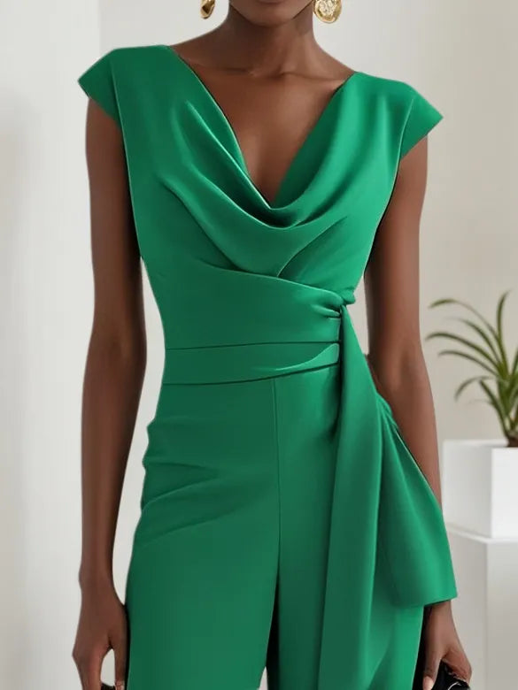 Women Green Ruched Cowl Neck Sleeveless Dressy Jumpsuit