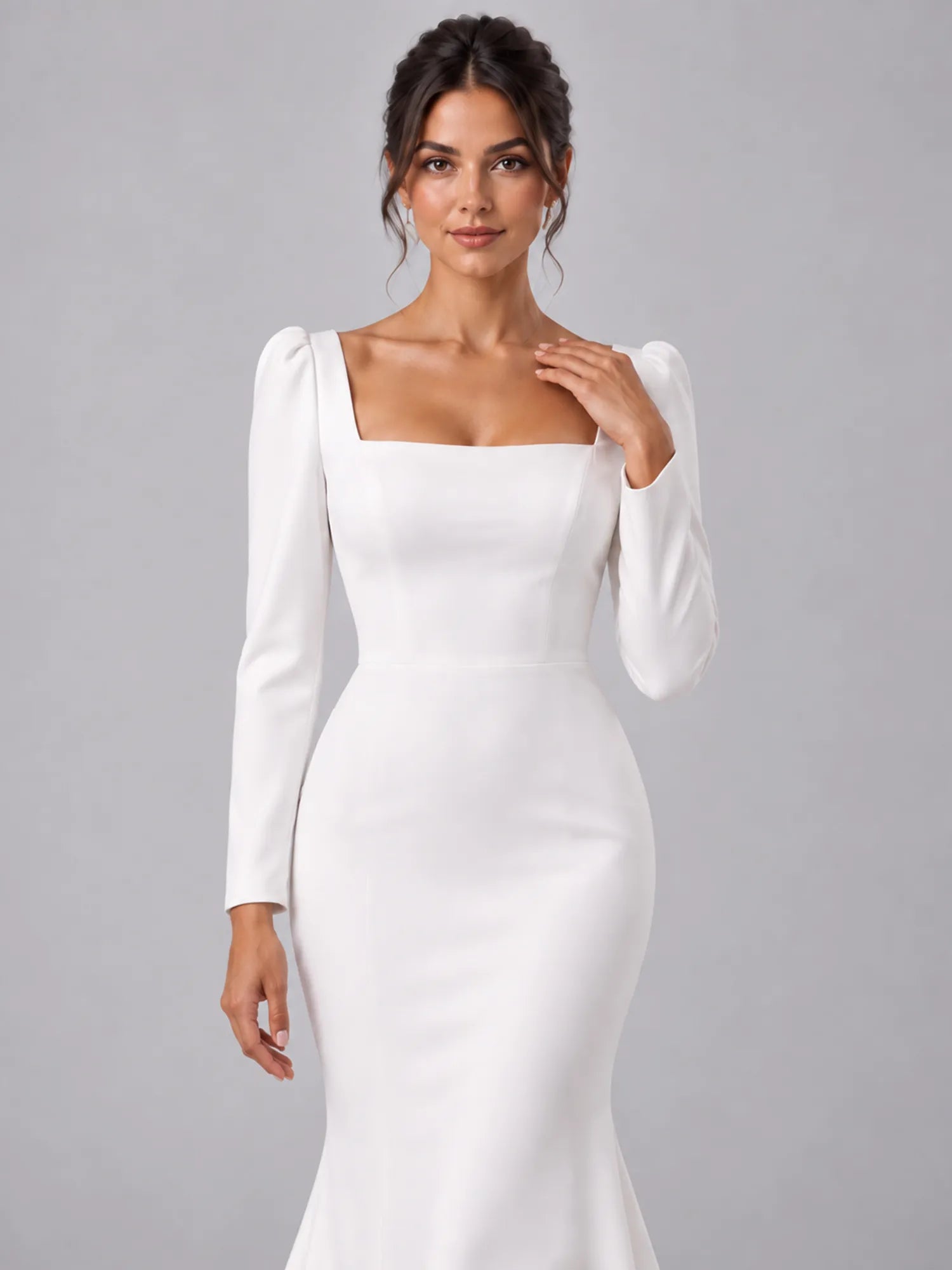 Pure White Square-Neck Long-Sleeve Mermaid Wedding Dress