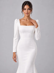 Pure White Square-Neck Long-Sleeve Mermaid Wedding Dress