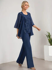 Separates Jumpsuit/Pantsuit Scoop Floor-Length Lace Chiffon Mother of the Bride Dress With Sequins