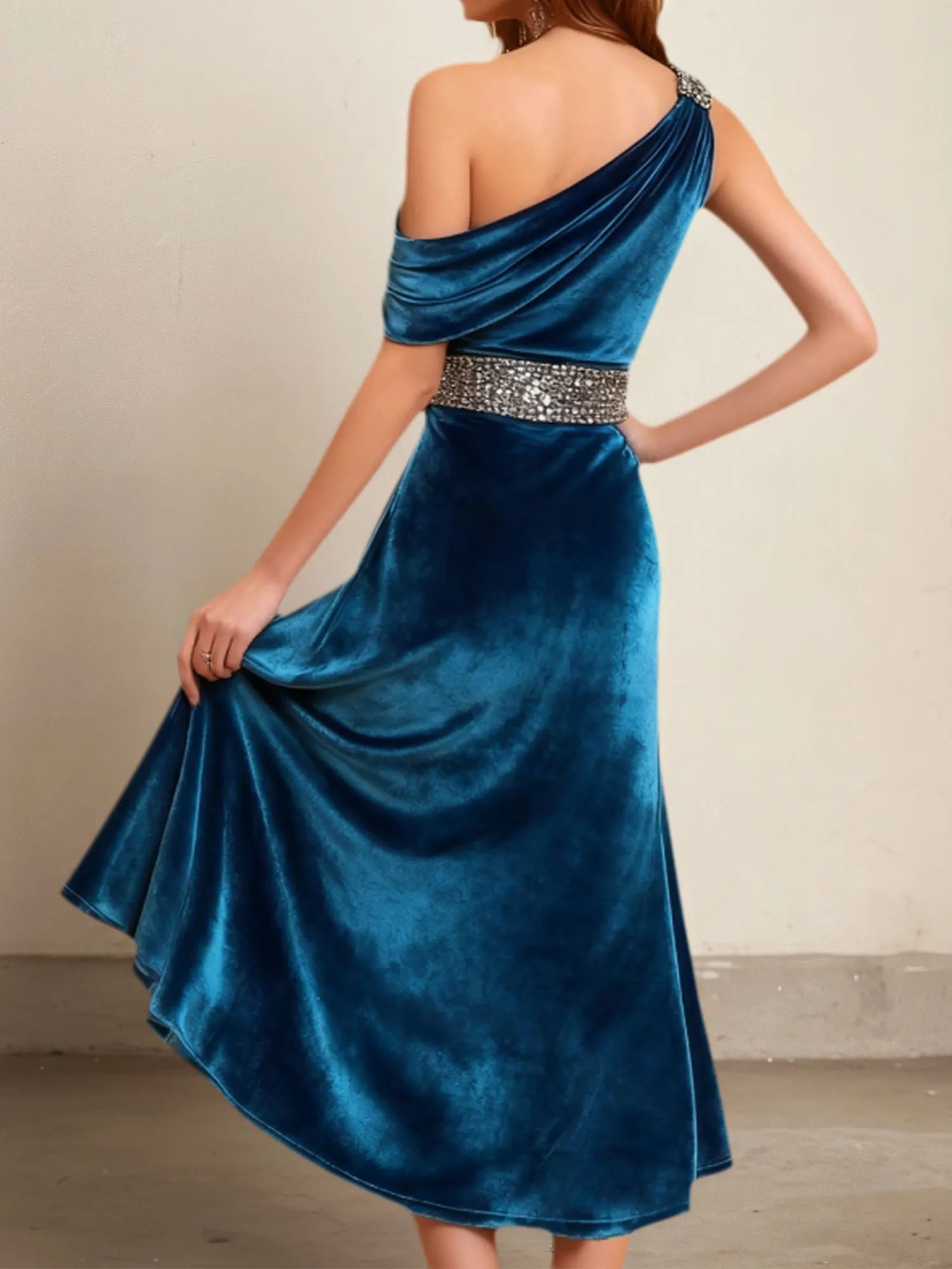 Formal Dress Blue Sheath One Shoulder Belted Velvet Midi Dress