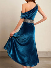 Formal Dress Blue Sheath One Shoulder Belted Velvet Midi Dress