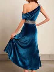 Formal Dress Blue Sheath One Shoulder Belted Velvet Midi Dress