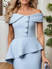 Semi-Formal Party Dress Blue Off The Shoulder Ruffle Midi Dress