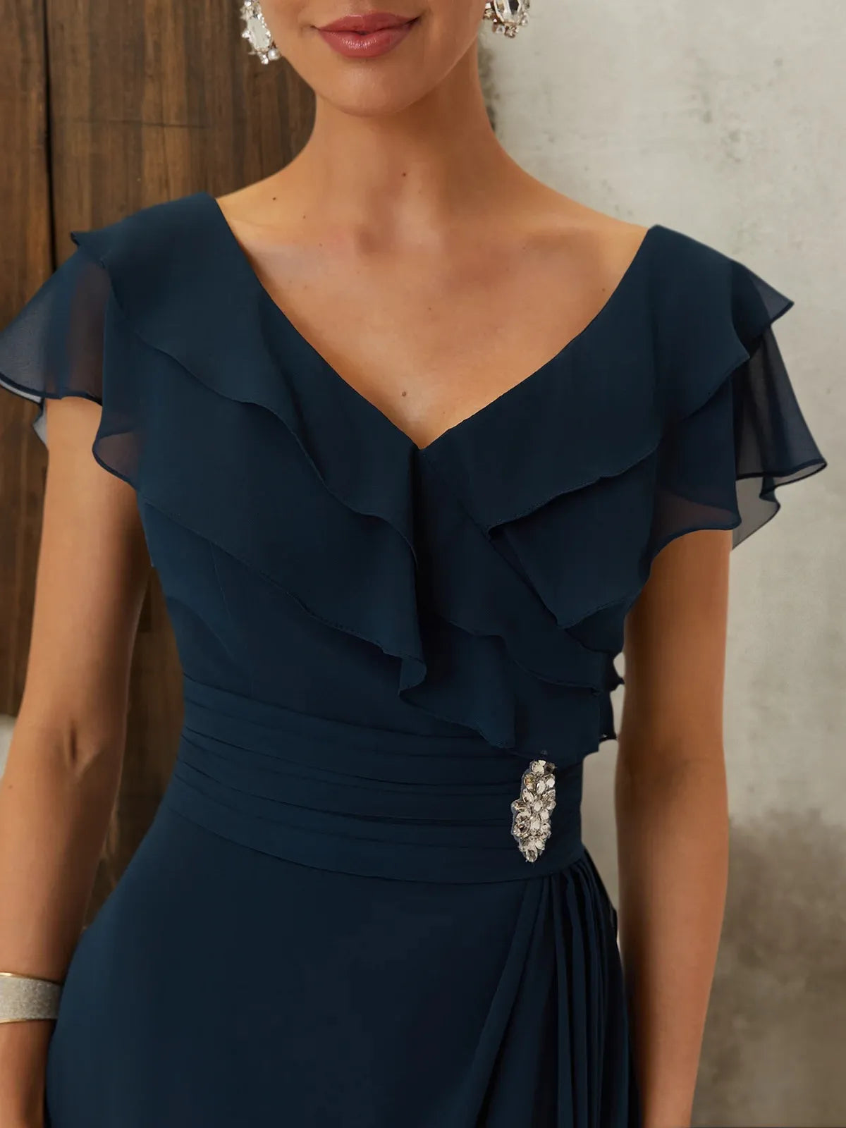 Purplish blue Ruffled Rhinestones Chiffon V Neck Short Sleeve A-Line Maxi Mother of the Bride or Groom Dress