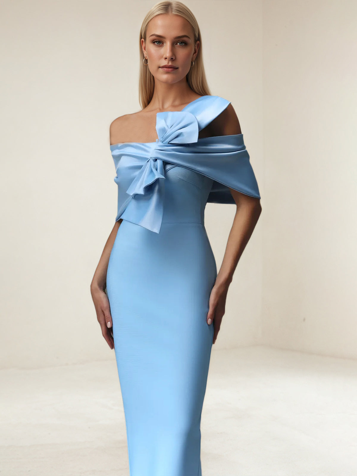 Blue Off-The-Shoulder Bow Bandage Maxi Dress