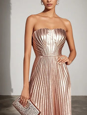 Rose Gold Pleated Satin Strapless Sleeveless A-Line Midi Dress