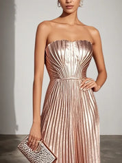 Rose Gold Pleated Satin Strapless Sleeveless A-Line Midi Dress
