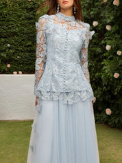 Blue Long Sleeve Folds Lace Butterfly Top And Skirt Two-Piece Set