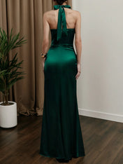 Green Side-Slit Ruched Satin Halter Sleeveless Sheath Maxi Bridesmaid Dress