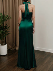 Green Side-Slit Ruched Satin Halter Sleeveless Sheath Maxi Bridesmaid Dress