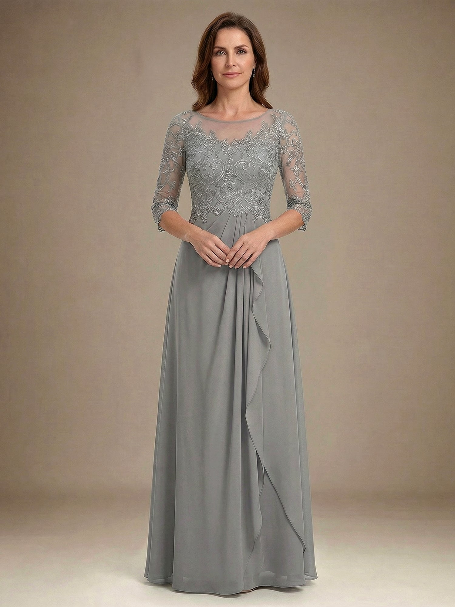A-line Scoop Illusion Floor-Length Chiffon Lace Mother of the Bride Dress With Beading Sequins Cascading Ruffles