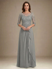 A-line Scoop Illusion Floor-Length Chiffon Lace Mother of the Bride Dress With Beading Sequins Cascading Ruffles