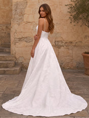 Elegant Floral Lace A-Line Wedding Dress with Spaghetti Straps & Sweep Train