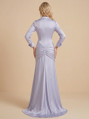 Satin Column Long-Sleeve Floor-Length Evening Dresses with Collared Neckline and Front Slit