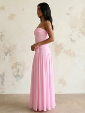 Pink Strapless Maxi Dresses with Pleat A Line Evening Dress