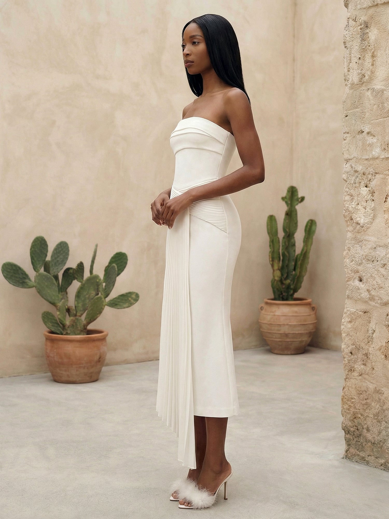 White Strapless Mermaid Satin Evening Dress with Pleat