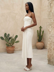 White Strapless Mermaid Satin Evening Dress with Pleat