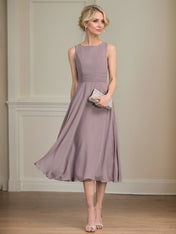 A-line Scoop Tea-Length Chiffon Mother of the Bride Dress With Pleated