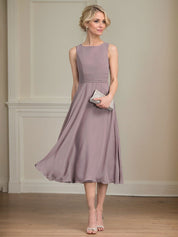 A-line Scoop Tea-Length Chiffon Mother of the Bride Dress With Pleated
