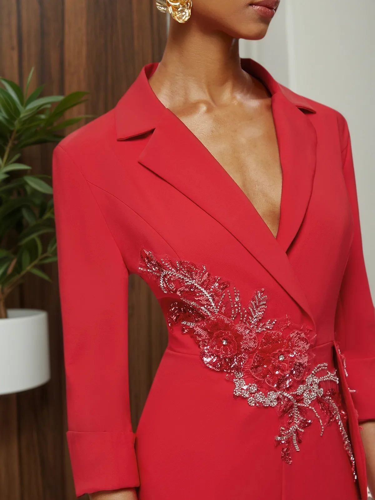 Red Applique Floral Lapel Collar Blazer Wide-Leg Jumpsuit