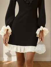 Black Ruffled Classic V Neck Long Sleeve A-Line Mini Dress